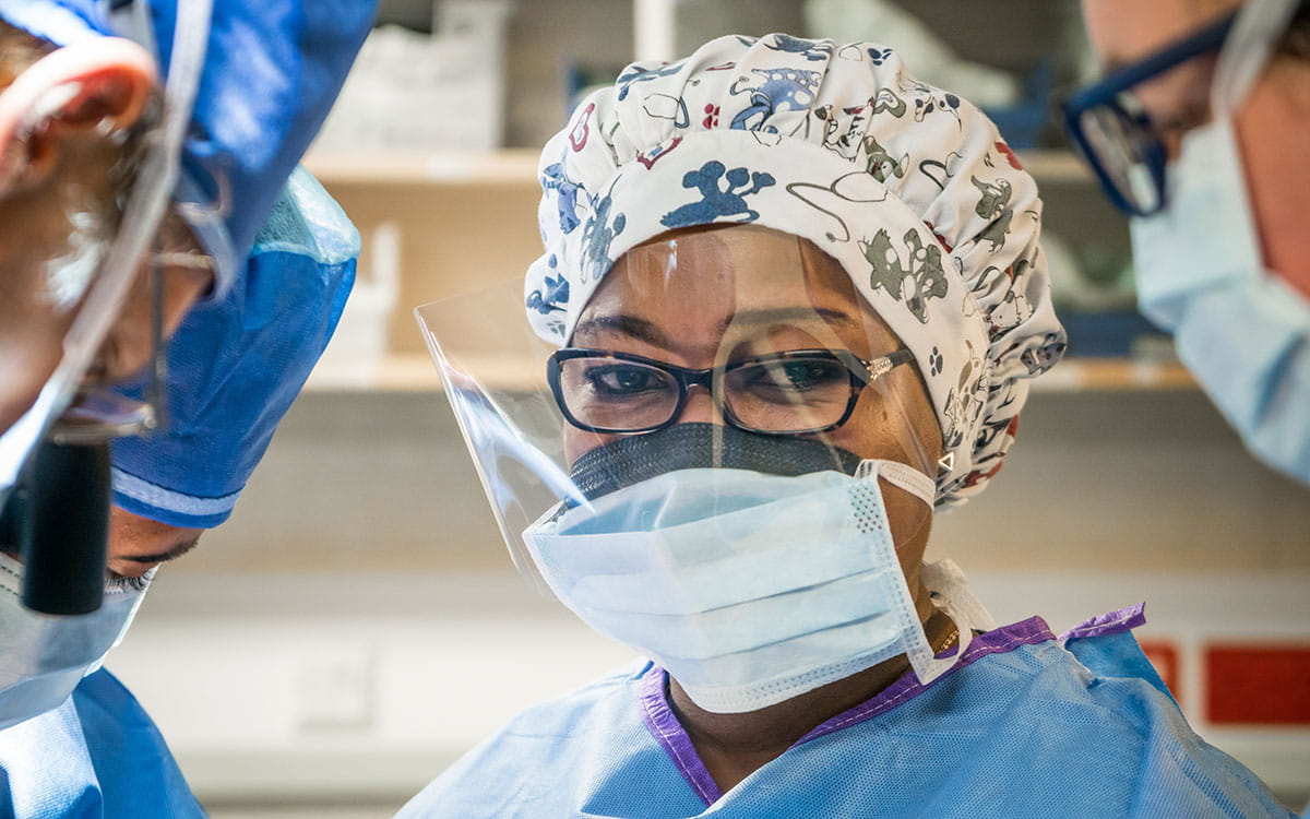 A healthcare professional in a surgical gown and face mask, ready to assist in a medical environment.